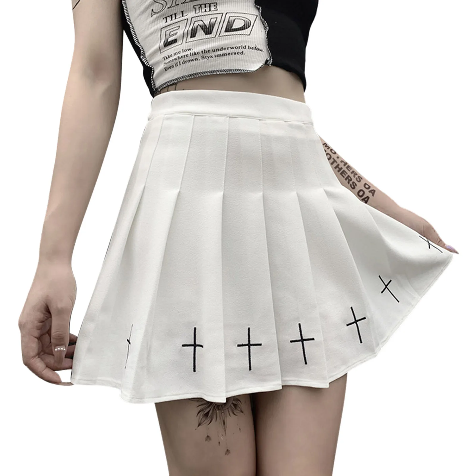 Qianderer Women Mini Pleated Skirt Casual High Waist Flare A-line Short Skirts Gothic Punk Y2k Skirt