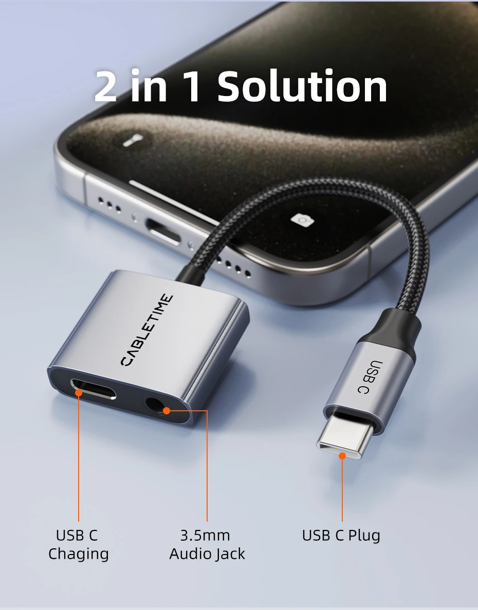 CABLETIME USB-C auf 3,5-mm-Audio-Adapter USB-C Kopfhörer 2-in-1 PD 60W Typ-C auf 3,5-mm-Klinkenadapter Hi-Fi für iPhone Xiaomi – Detail 3