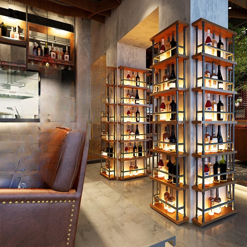 

Industrial style wine rack against the wall, bar solid wood bar column decoration placement