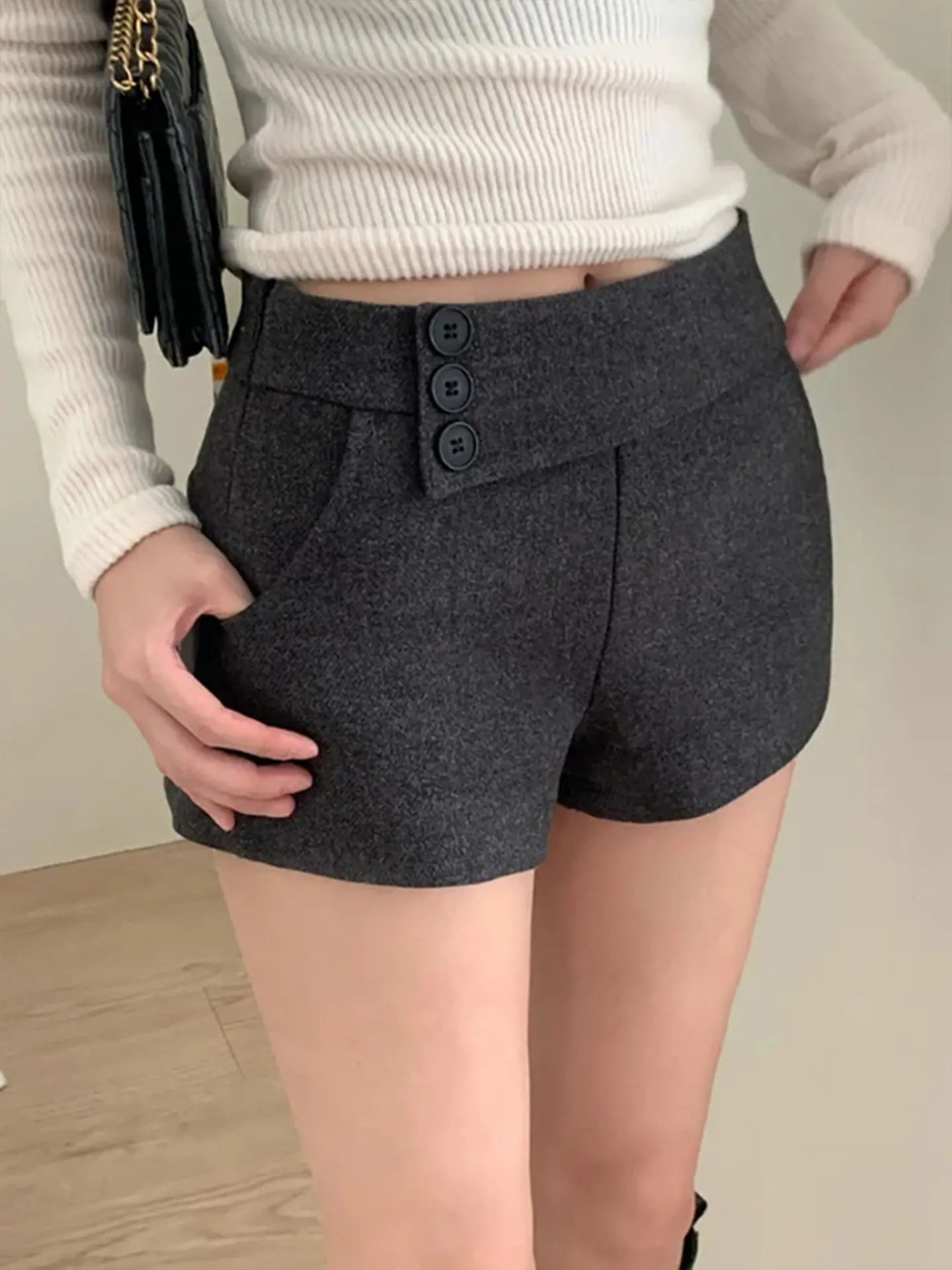 Women High Waist Three Button Woolen Shorts Autumn Winter Solid Slim Short Pants With Pockets Casual Boot Shorts