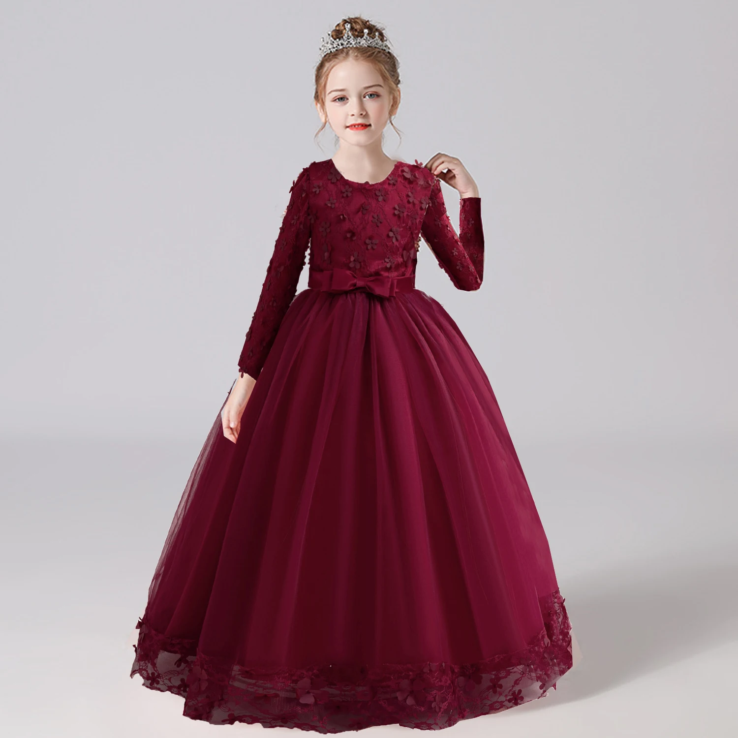 

XMLSY Kids Little Big Girls Long Sleeves Flower Petal Flower Girl Birthday Party Pageant Formal Gown