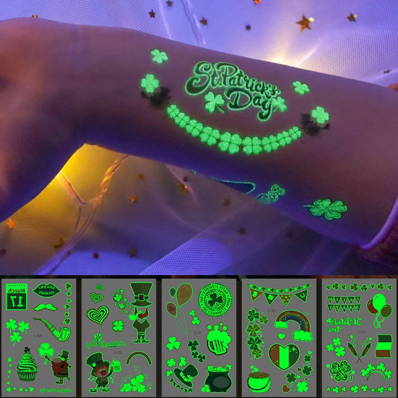 

Green Luminous Children Tattoo Sticker Saint Patricks Day Shamrock Patrick's Day Skin Clover Flase Sticker for Hand Face