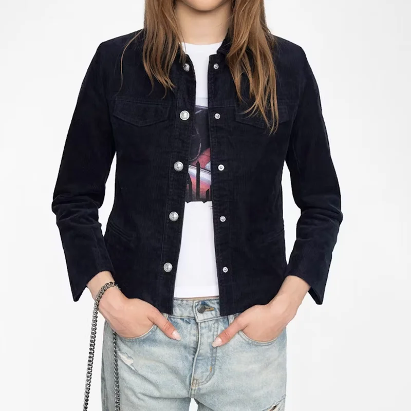 

Navy Corduroy Jacket Coat Women Casual Wings Button Coat Pocket Zadig Female Jackets Slim Lapel Short Coats Wing Embroidery Top