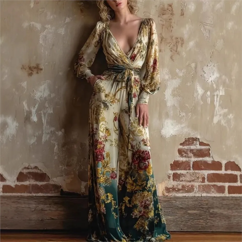 Women Vintage Floral Print Jumpsuit Deep V Neck Long Lantern Sleeve High Waist Wide Leg With Pockets Elegant Vacation Jumpsuits