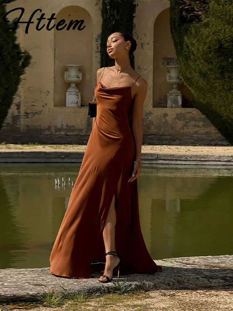 فساتين نسائية أنيقة سبليت الصلبة ساحة طوق عارية الذراعين أكمام فستان طويل أنثى الصيف موضة الحفلات المسائية فساتين #3