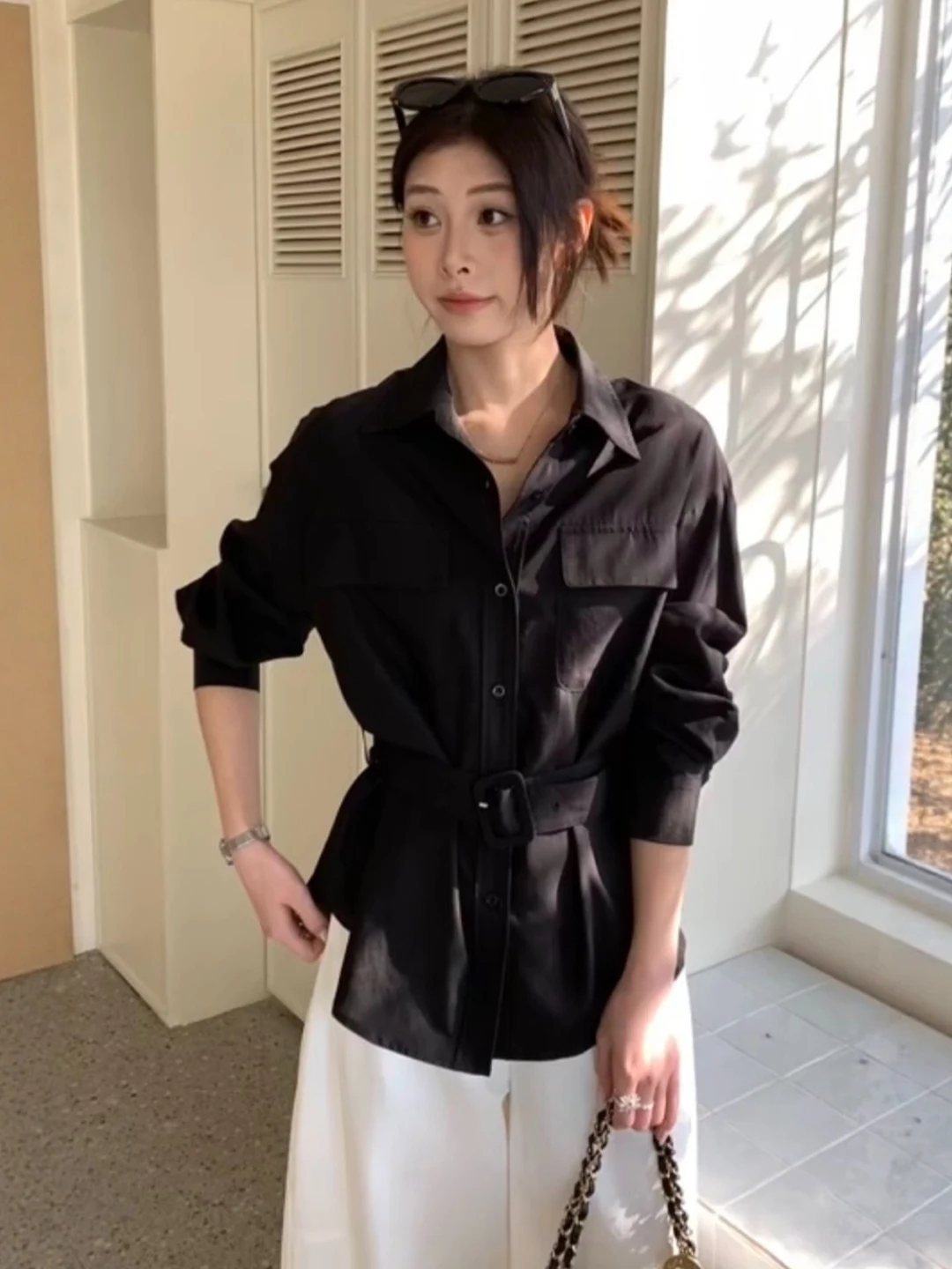 

Bla Collar Long Sve irt Women's Spring Autumn Commute Belted Casual Sle Foldable Top High-End Feeling