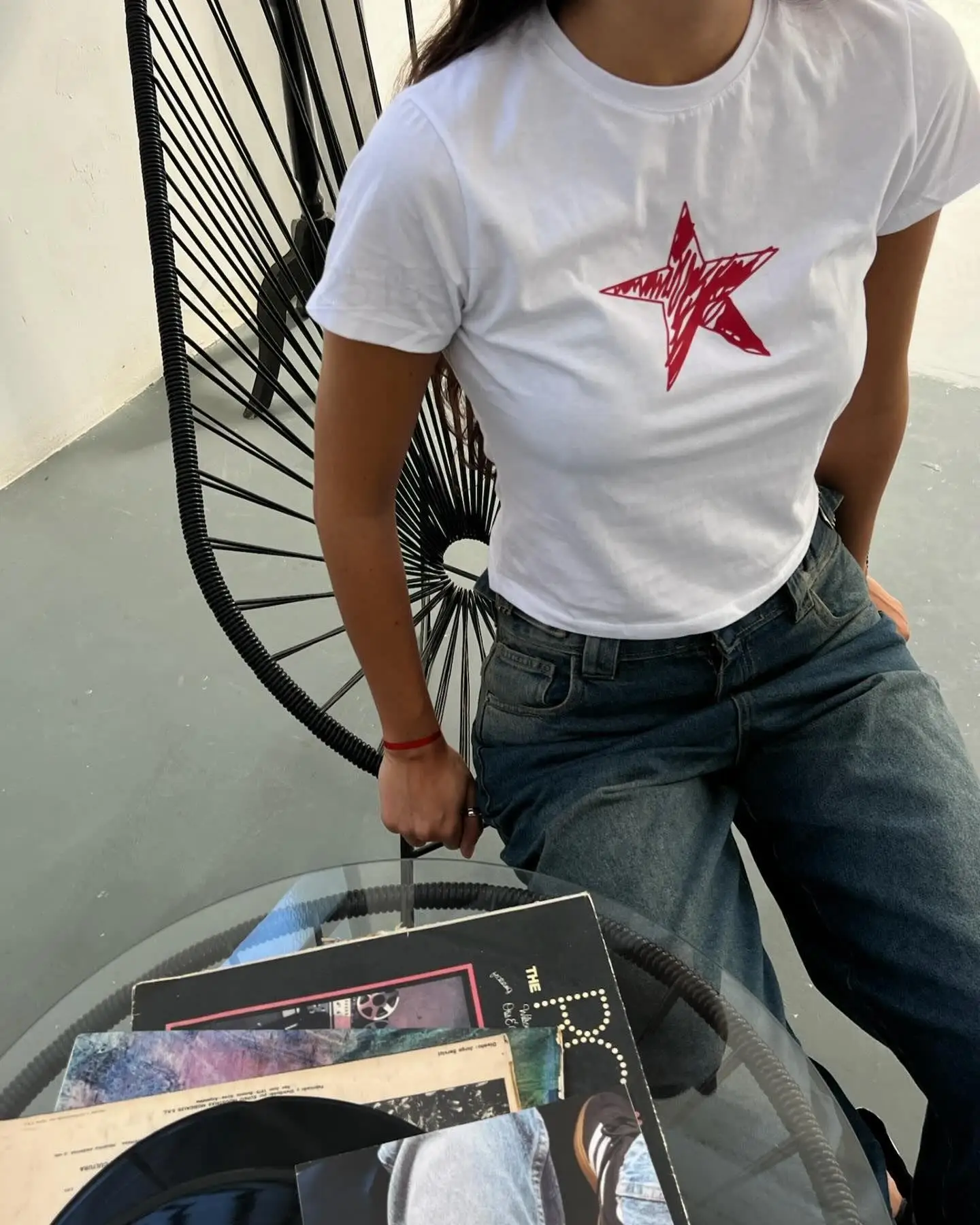 Red Star Print white Crop T-shirt 90s Aesthetics Star T Shirt Top E-girl Grunge Black Crop Top Baby Tee Gothic Y2K StreetwearEMO