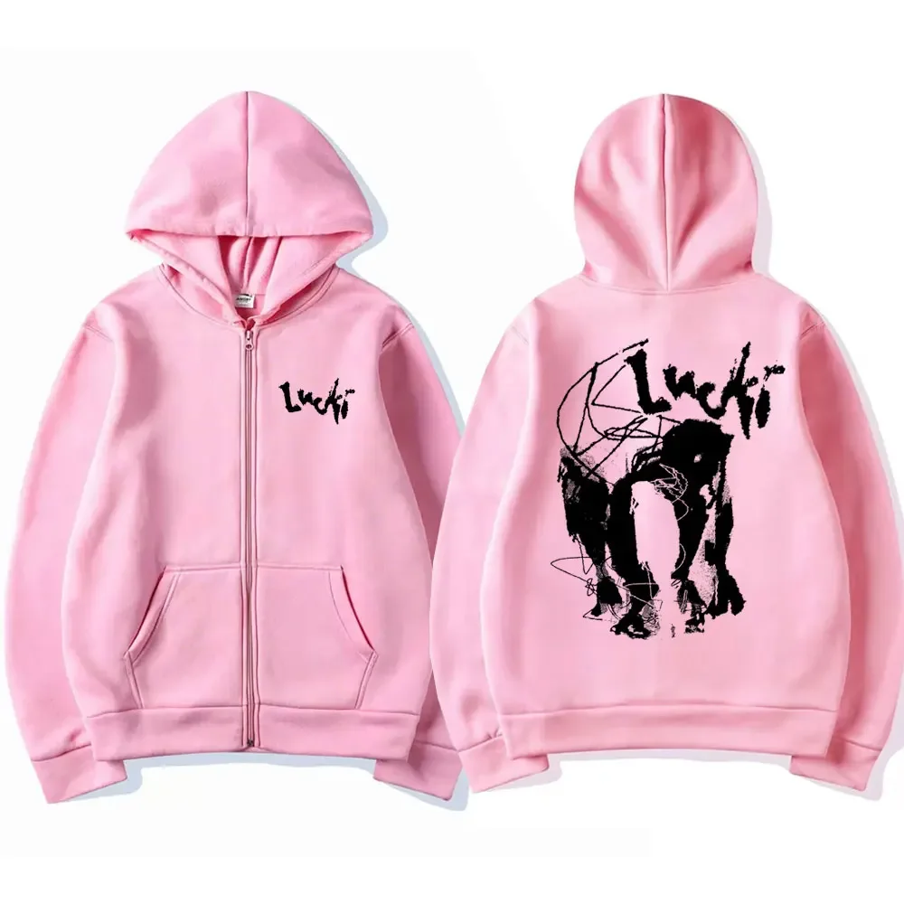Rapper Lucki Shadow Printed Zipper Hoodie Male Hip Hop Vintage Streetwear Casual Sweatshirt Men Fashion Oversized Zip Up Jacket