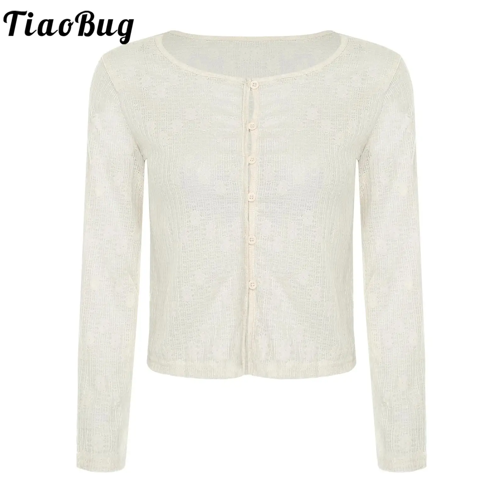 

Women Exquisite Jacquard Cardigan Semi Sheer Long Sleeve Crew Neck Button-up Shrugs Bolero Cover Up Coat Top for Vacation Beach