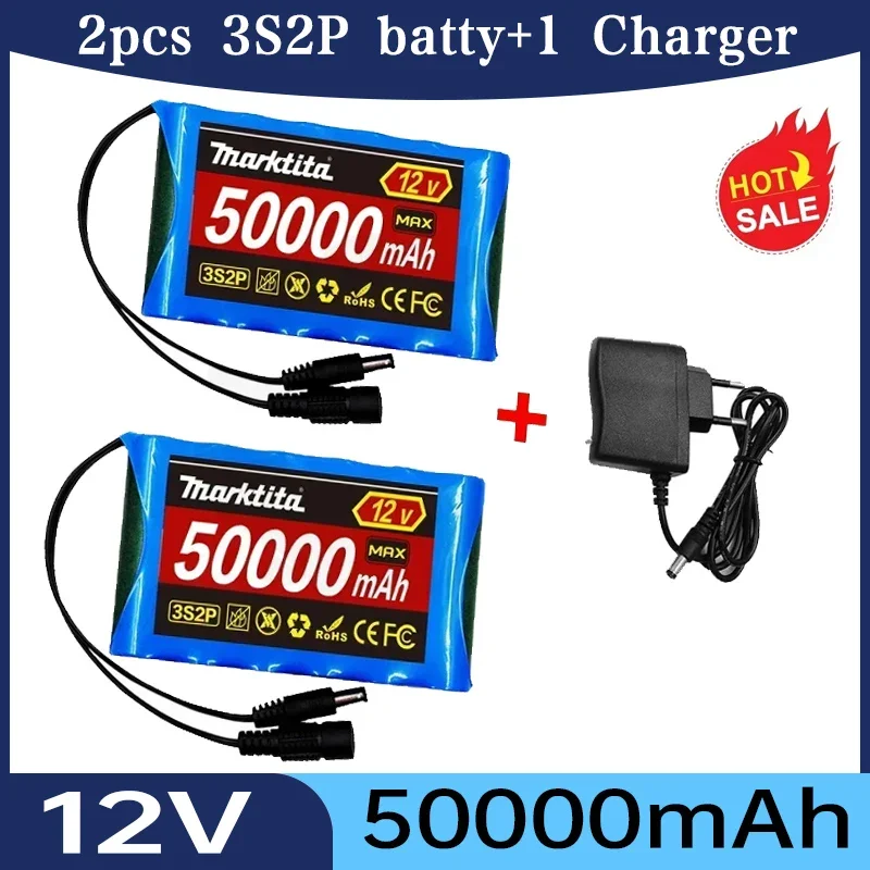 Original 18650 lithium battery 12v 50000mah 3S2P DC 12.6V 50Ah Rechargeable CCTV, Camera Monitor Replacement Battery + Charg