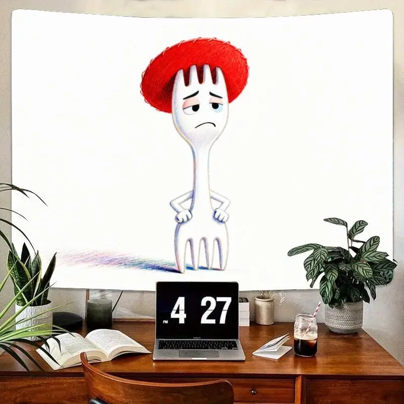 1pc toy story 4 forky com chapéu vermelho tapeçaria, arte de parede de poliéster fofa e engraçada para decoração de quarto de crianças, sala de estar, presente para dis