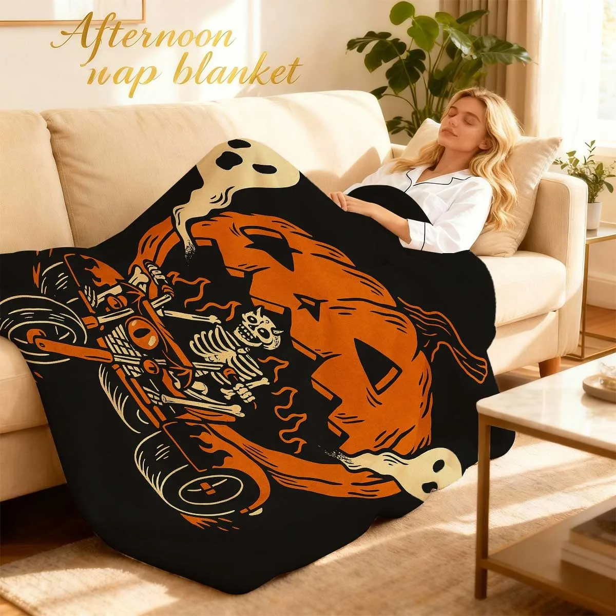 1pc Themed Flannel Blanket That Is Ultra-Soft, Warm, And Machine Washable, Providing All-Season Comfort with a Spooky Pumpkin And Skeleton Design, Ideal for Use on a Sofa, Bed, During Travel, Camping, in The Living Room, Or at The Office