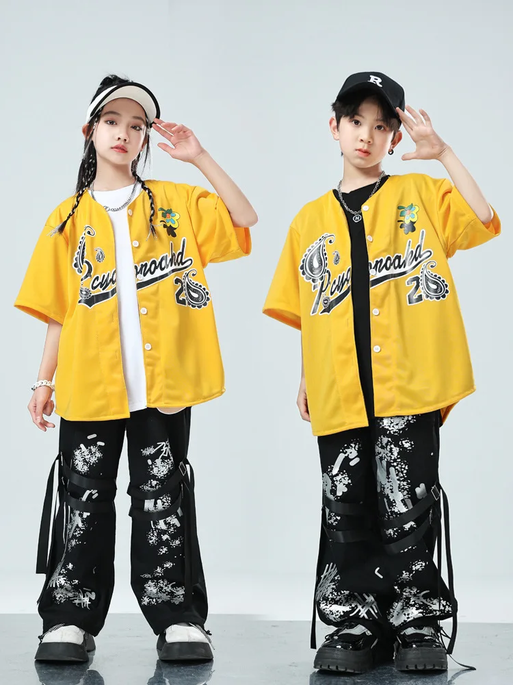 

Kid Kpop Hip Hop Clothing Yellow Cardigan Shirt Top Black Print Casual Print Wide Pants for Girls Boy Jazz Dance Costume Clothes