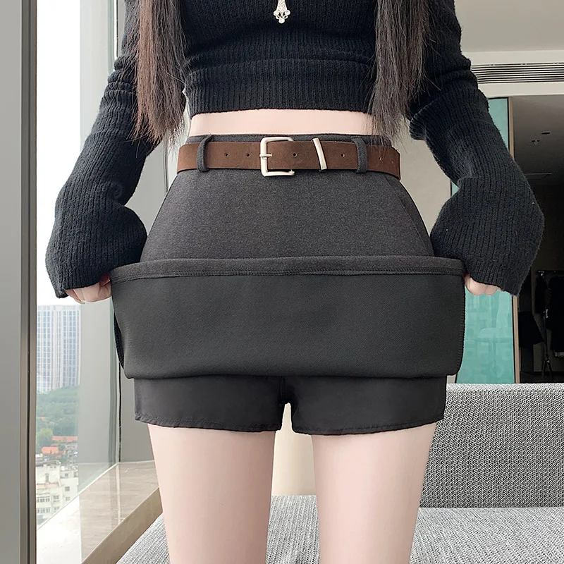 Saias curtas de lã vintage para mulher 2025 novo elegante engrossado cintura alta envolto a linha mini saias femininas