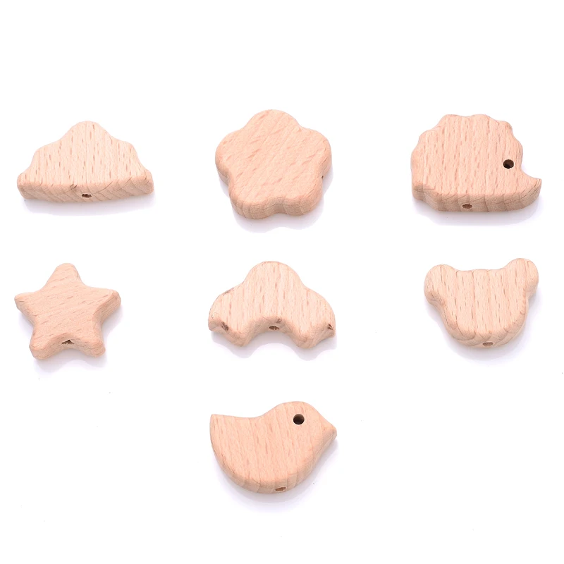 10Pcs Beech Wooden Animal Teether Beads Flower Cartoon Shape Teething Chew Pacifier Chain Bracelet Accessories Gift BPA Free