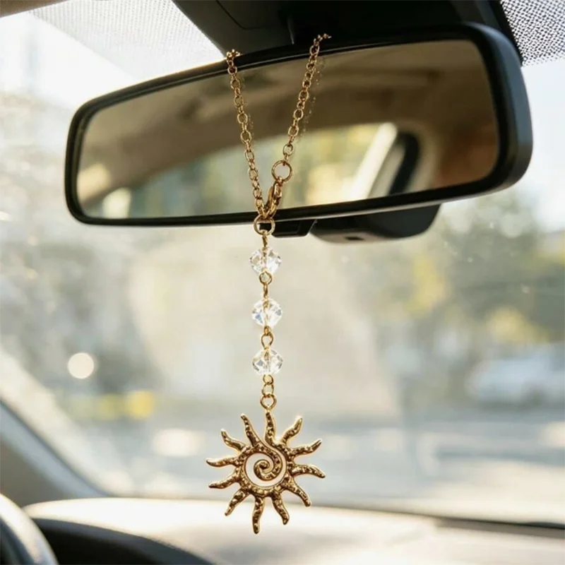 Spiral Sun Car Mirror Interior Decoration Pendant Boho Sun Rearview Mirror Hanging Ornament Car Interior Decor Accessories