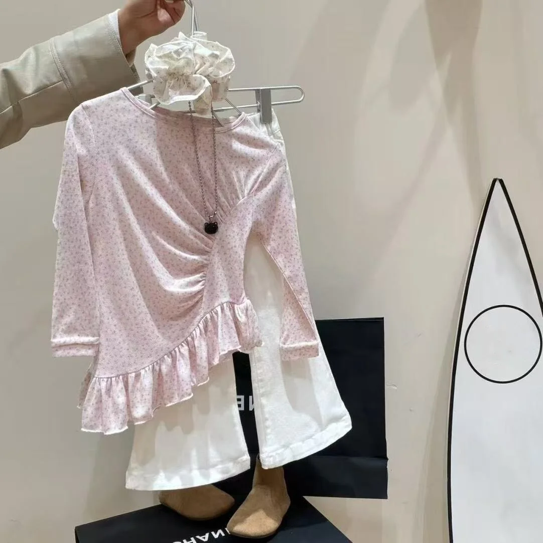 

Girl's Spring/Summer Set 2026 New Korean Style Lace Lightweight Long Sleeve Top ith Flared Pants for Baby Girls