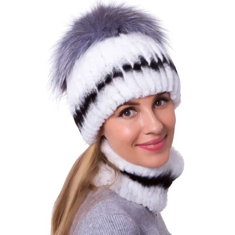 Sombrero de pelo de conejo de nutria Real para mujer, gorro de punto de piel, conjunto de cuello de pelo de zorro de invierno, dos piezas