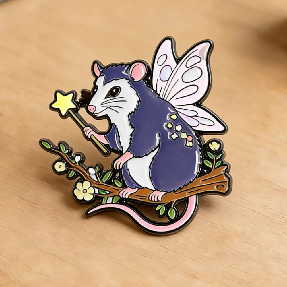 Adorable Possum Fairy Cartoon Badge Magic Star Wand Wings Animal Brooch Fantasy Forest Elf Pin Accessory Gift Collectible