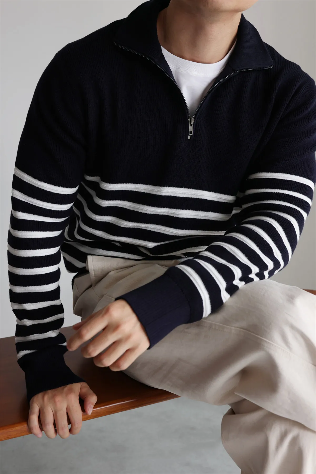 Autumn and winter high twist long staple cotton retro striped half zipper sweater sea soul sweater men
