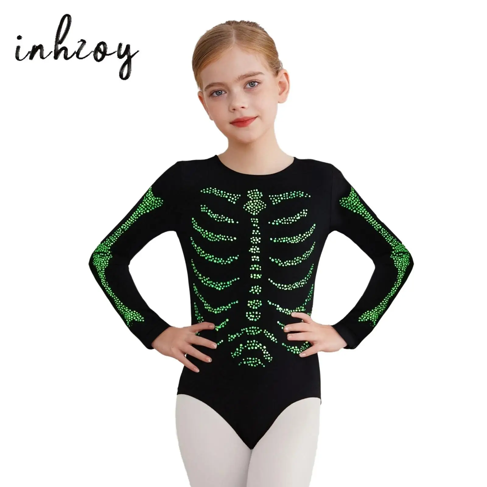 

Girls Boys Skeleton Costume Shiny Rhinestones Long Sleeve Crotch Press Button Bodysuit Halloween Cosplay Fancy Ball Themed Party