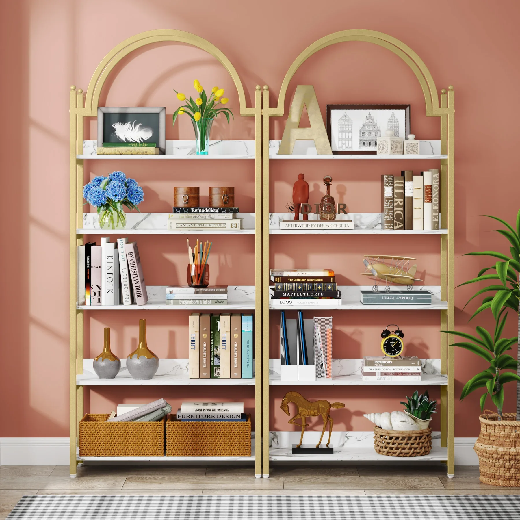 Tribe signs 5-Regal Gold Etagere Bücherregal, modernes Metall offen gewölbtes Bücherregal, 72 Zoll hohe Gold regale