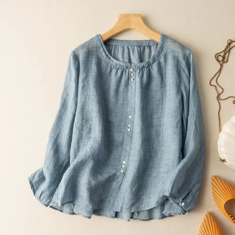 Women Round Neck Gathered Linen Blouse Half Button Three Quarter Sleeve Loose Casual Lightweight Tops