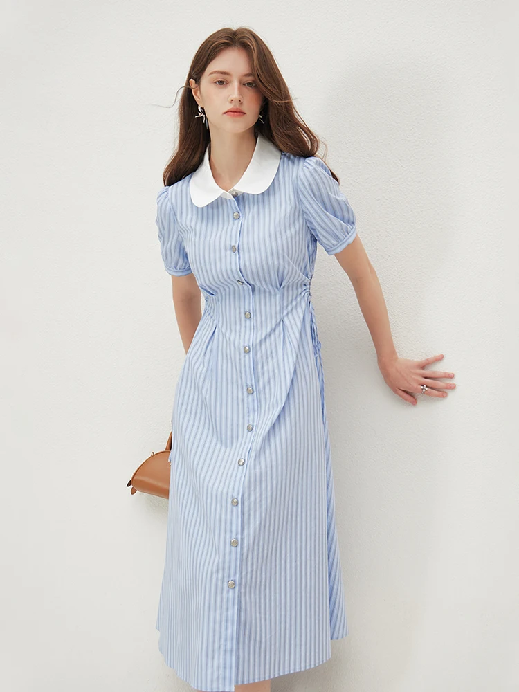 FSLE French Style Striped Shirt Chic Long Dress For Women 2024 Summer New All-match Casual Commuter Women Long Dress 24FS12570