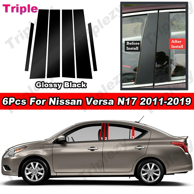 

6 шт. глянцевые фортепианно-черные/углеродное волокно, стойки для окон автомобиля, дверные накладки, наклейка на колонку BC для Nissan Versa Sedan N17 2011-2019