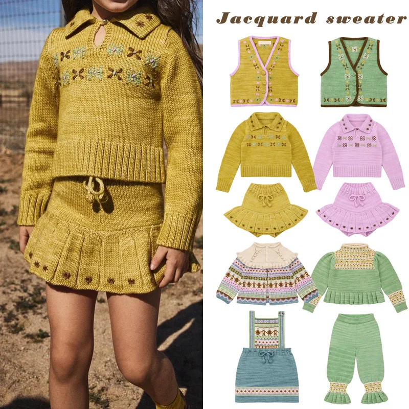 PRE-SALE(ship in Oct.) 2026 MP Autumn Dress Winter Baby Girl Knitted Cardigan Kids Pants Sets Girls Skirts Embroidery Sweaters
