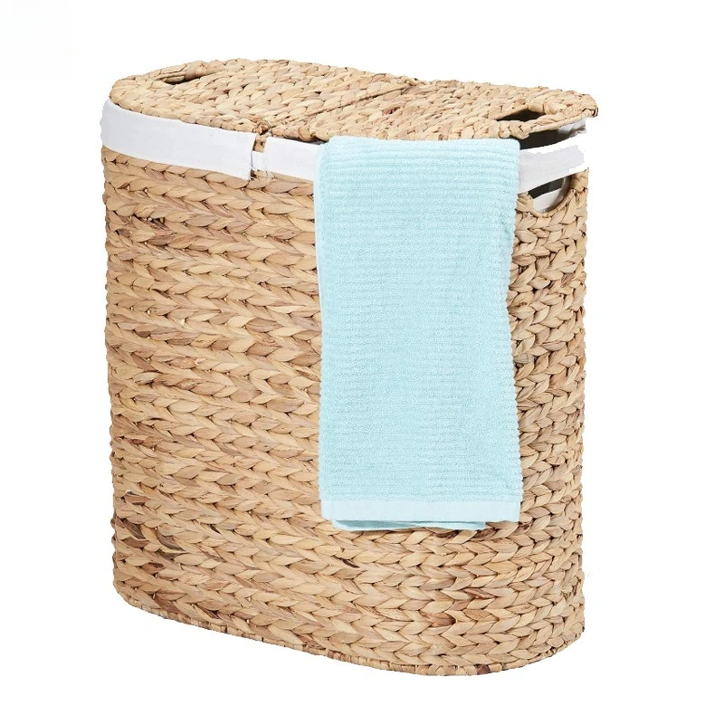 High-quality natural water hyacinth hand-woven laundry bucket basket with handle removable round