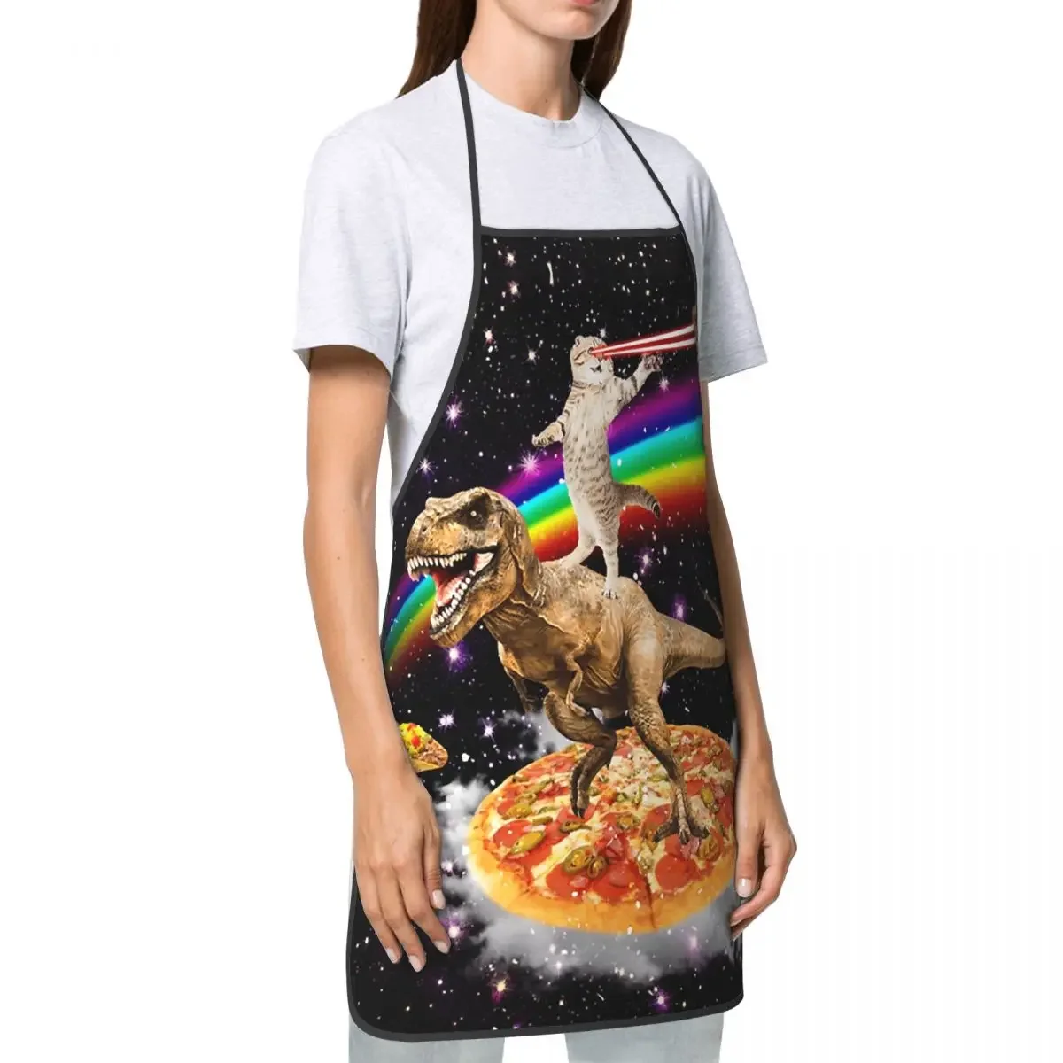 Laser Eye Cat On Dinosaur Pizza Bib Apron Adult Women Men Chef Tablier Cuisine for Kitchen Cooking Galaxy Rainbow Painting