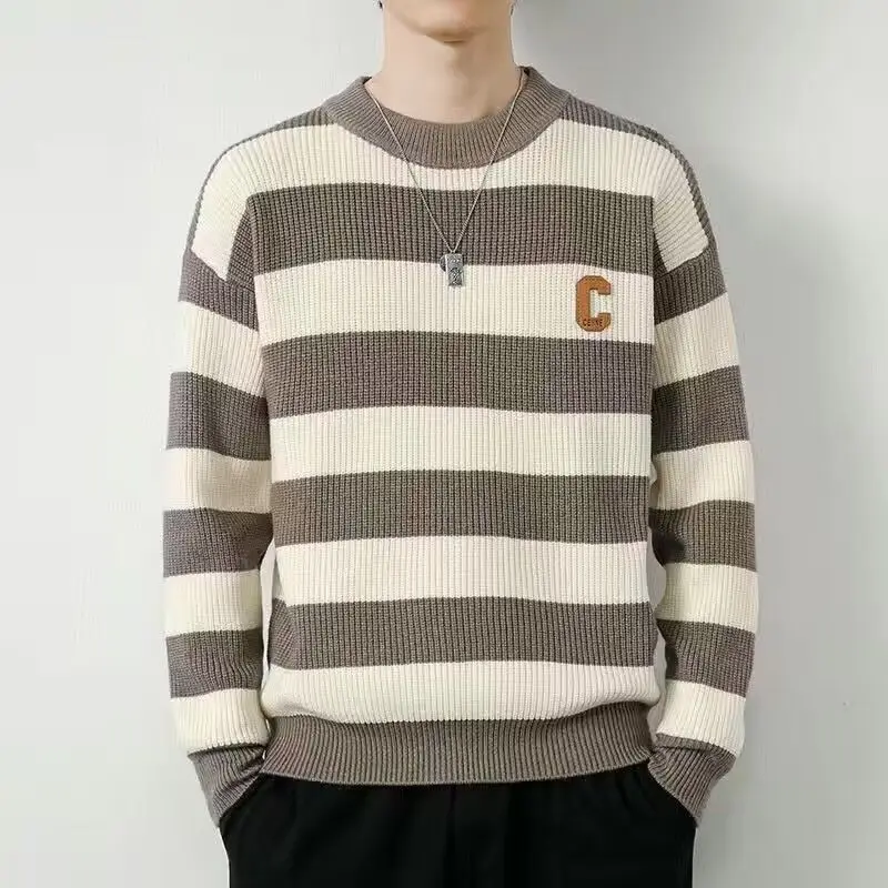 New Knitted Men's Thick Striped Coarse Thread Sweater Handsome Korean Version Base Coat