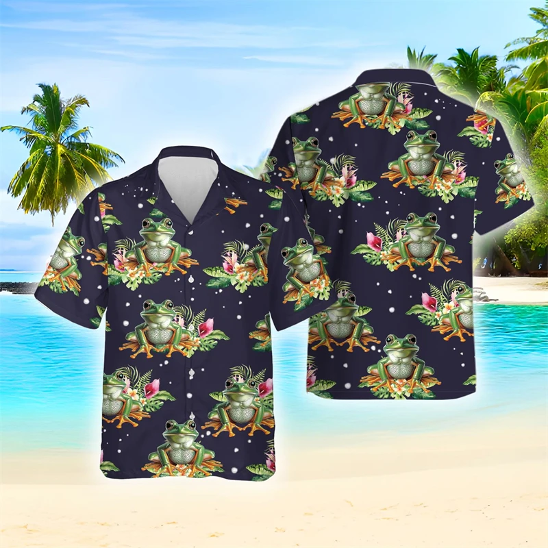 

Funny Frog Sport 3D Printed Shirts For Men Clothes Pond Animal Beach Shirt Hawaiian Female Blouses Vacation Boy Short Sleeve Top