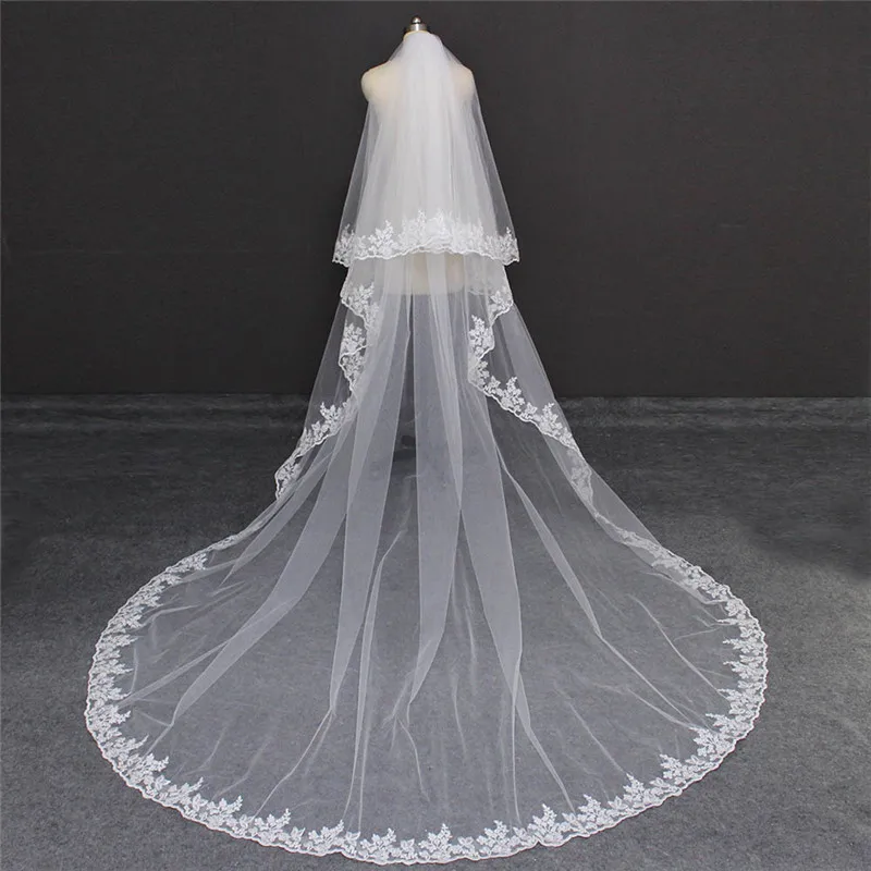 Cathedral 2 Layers Wedding Veil Spanish Mantilla Veil with Eyelash Lace Edge Bridal Veil with Comb Blusher Wedding Accessories