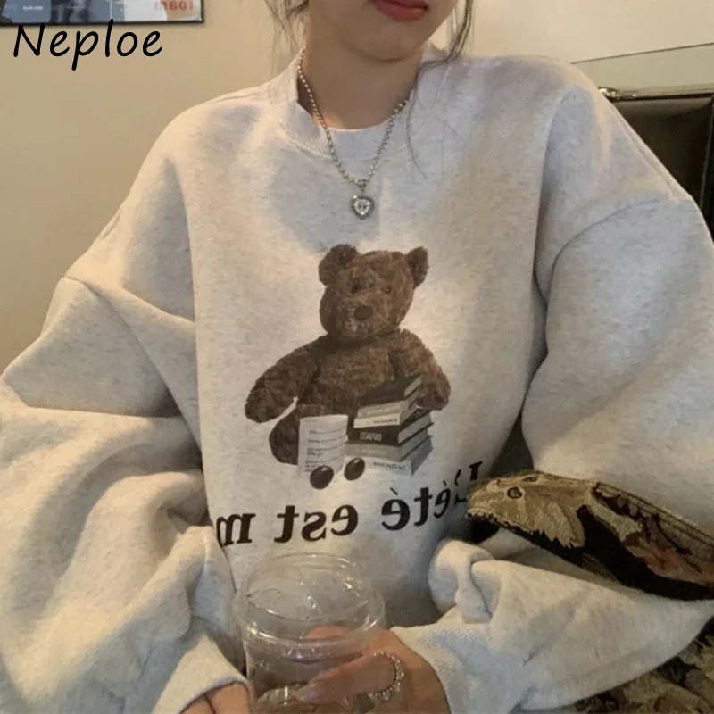 Neploe O Neck Solid Color Long Sleeve Sweaters Letter Print Hoodies Women Early Autumn Vintage Clothes Loose Casual Sweatshirts