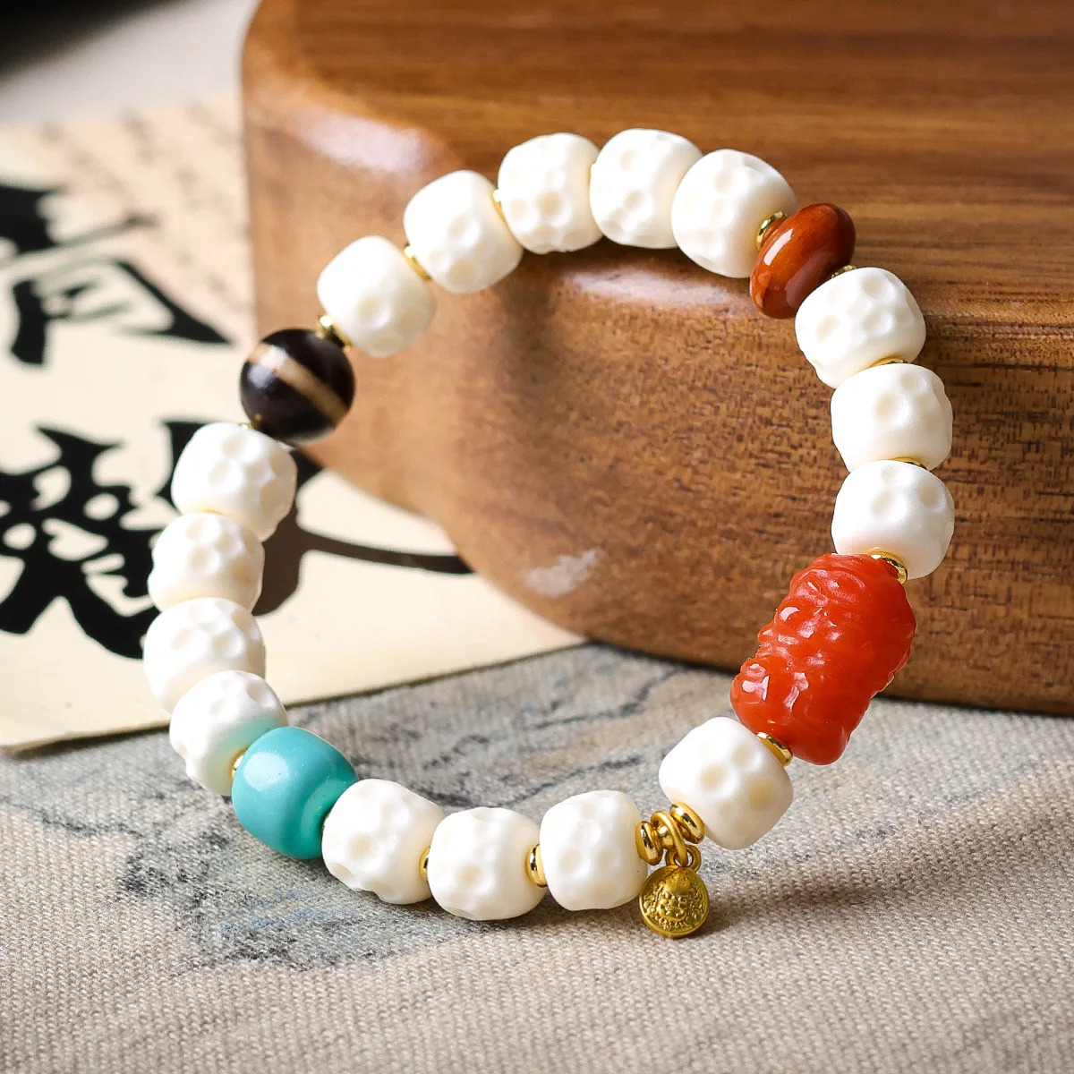 Tibetan Style Meteorite Pit Bone Bracelet with South Red Agate Yellow God of Wealth Magnesite Turquoise Gifts