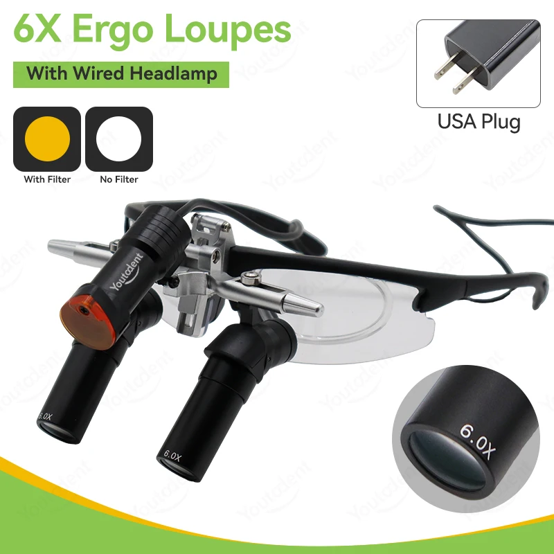 Ergo Optische Tandheelkundige Loep 48 °   Met 5W LED-licht 4X 5X 6X Opklapbare operatie-loepen Hoekstructuur Parallel zichtveld