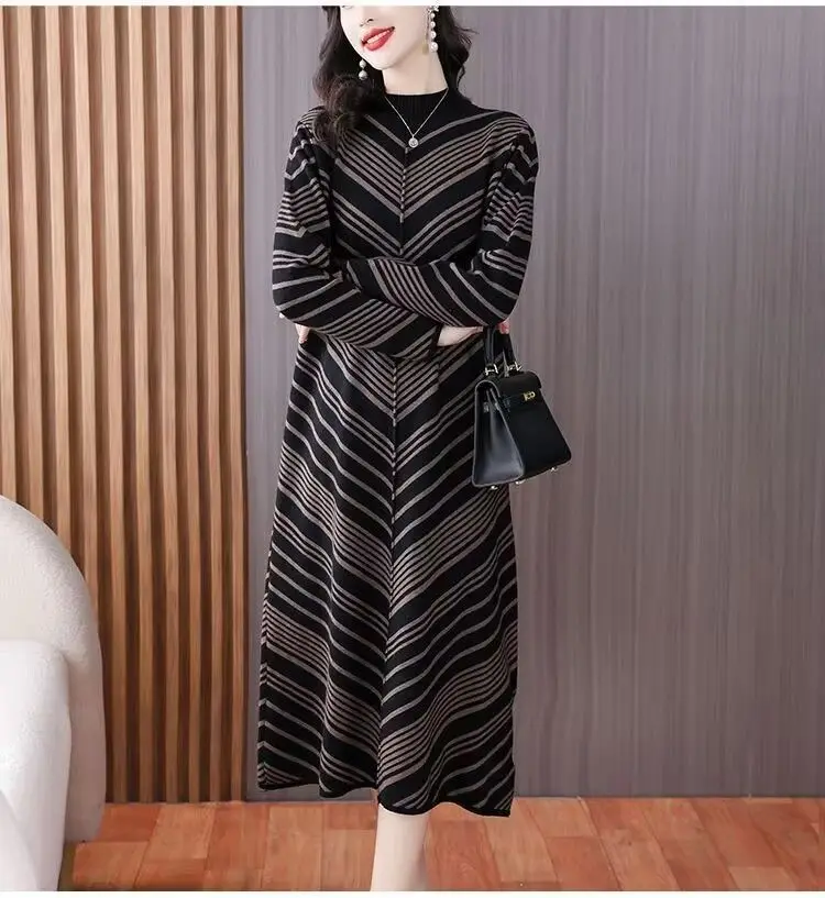 فستان أنيق مخطط منسوج برقبة عالية وأكمام طويلة للنساء موضة الخريف والشتاء فستان طويل مناسب ومضيئ مع #3