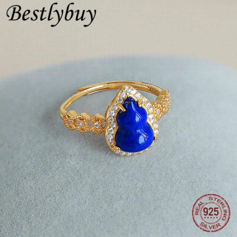 

Кольцо из натурального афганского лазурита в форме тыквы, женское, с покрытием из серебра 925 пробы и 18-каратного золота, модное, легкое, роскошное, регулируемое, ювелирное изделие, НОВИНКА 2026 года