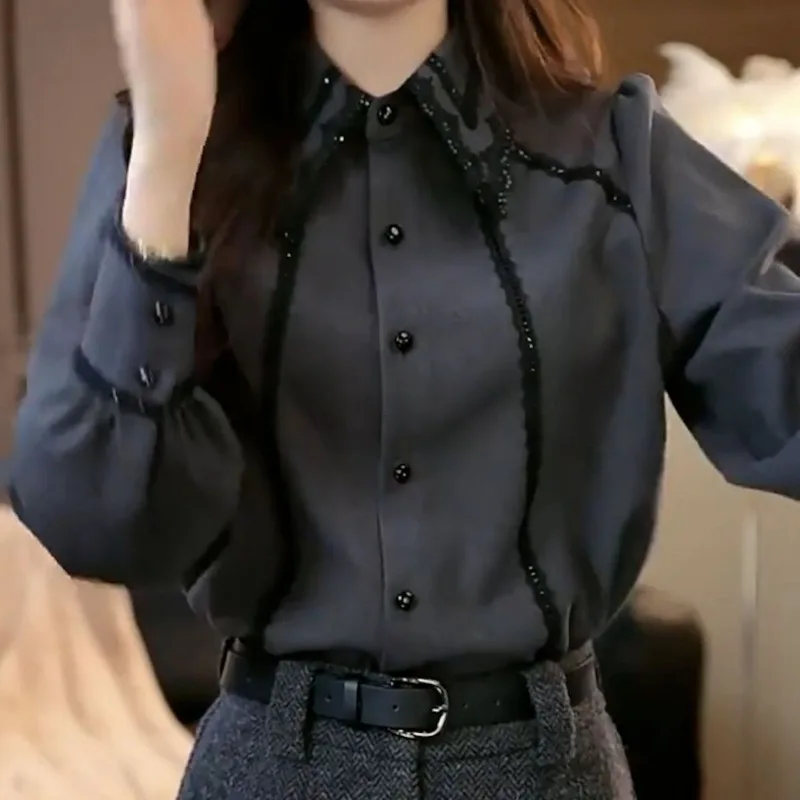 Solid Color Lapel Lace Stitching Women's Autumn and Winter Style Loose Lapel Long-sleeved Shirt Top
