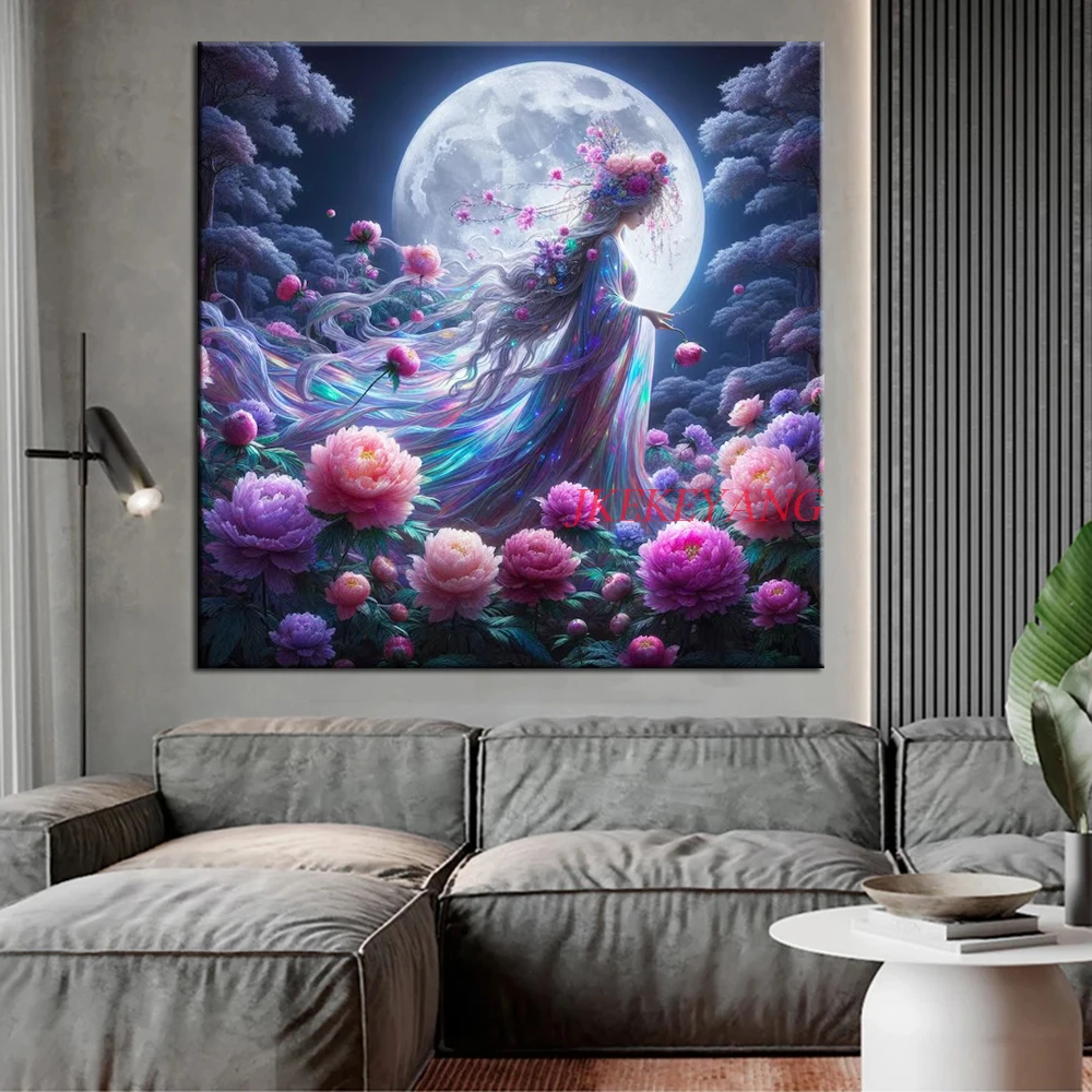 Girl and Peony Flower Under The Moonlight DIY 5d Diamond Painting Cross Stitch Kits Diamond Mosaic for Living Room Decor