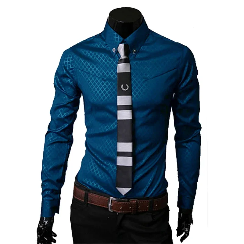 Thin Men Plaid Shirts 2025 Solid Mens Checkered Office Shirts Long Sleeve Slim White Shirt Male Social Chemise Homme Clothing