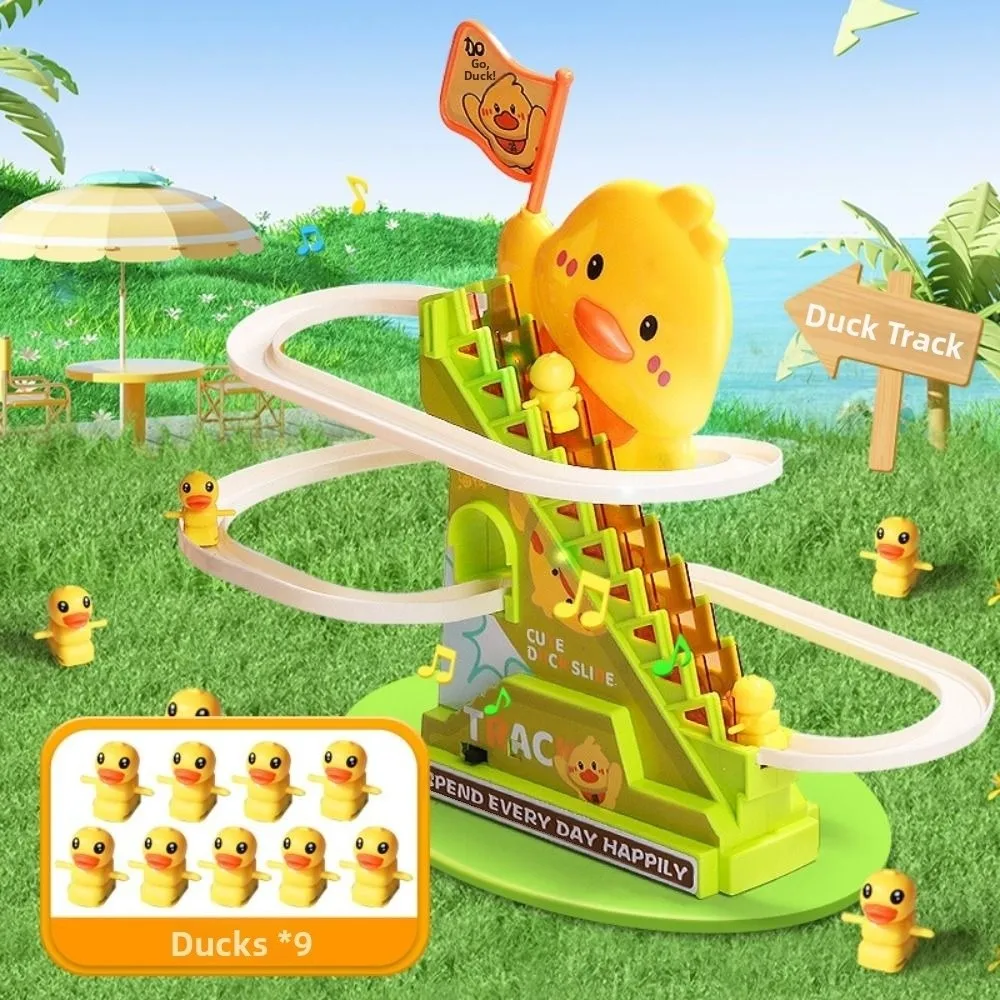

Educational Creative Ducklings Climbing Stairs Cartoon Cute Duck Roller Coaster Slide Yellow Electric Duck Track Baby
