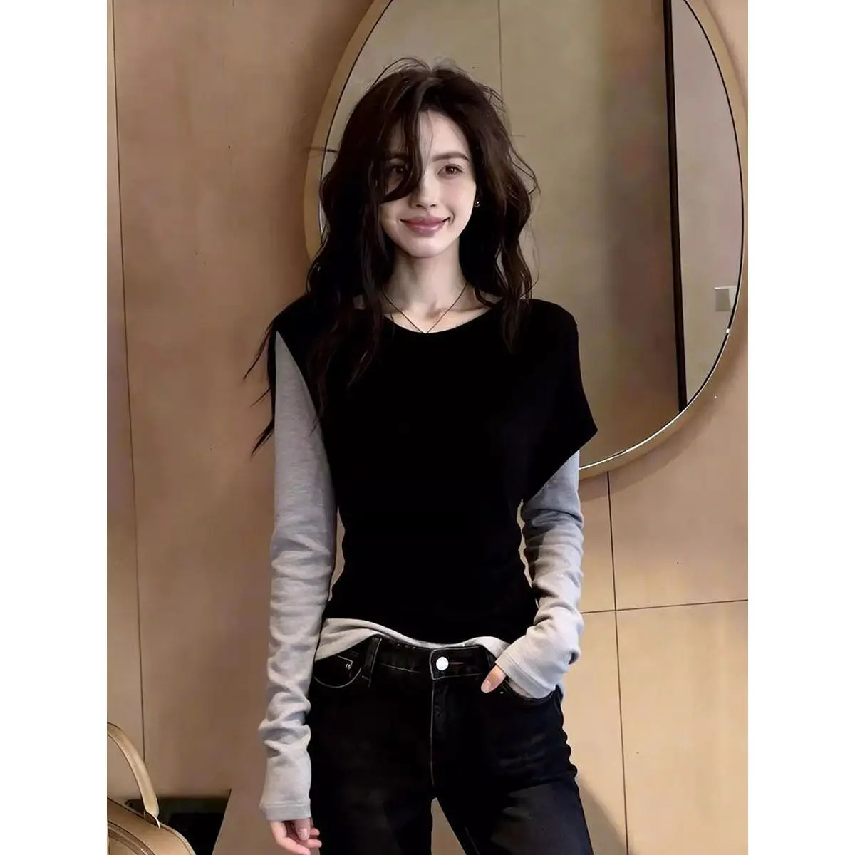 Korean Style plus Size Color Block Long Sleeve T-Shirt Modal Cotton Slimming Top Versatile Casual Spring Summer Fashion