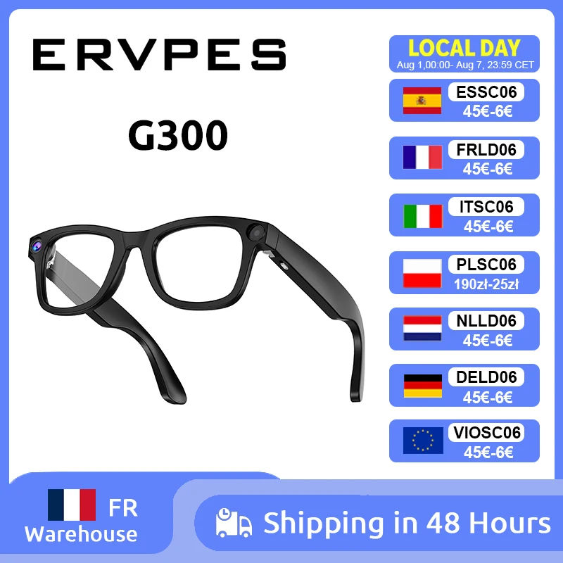 Lunettes Intelligentes ERVPES G300 AI avec Caméra HD 800MP, Appel Bluetooth, Contrôle par Assistant Vocal, Lunettes Intelligentes 2025