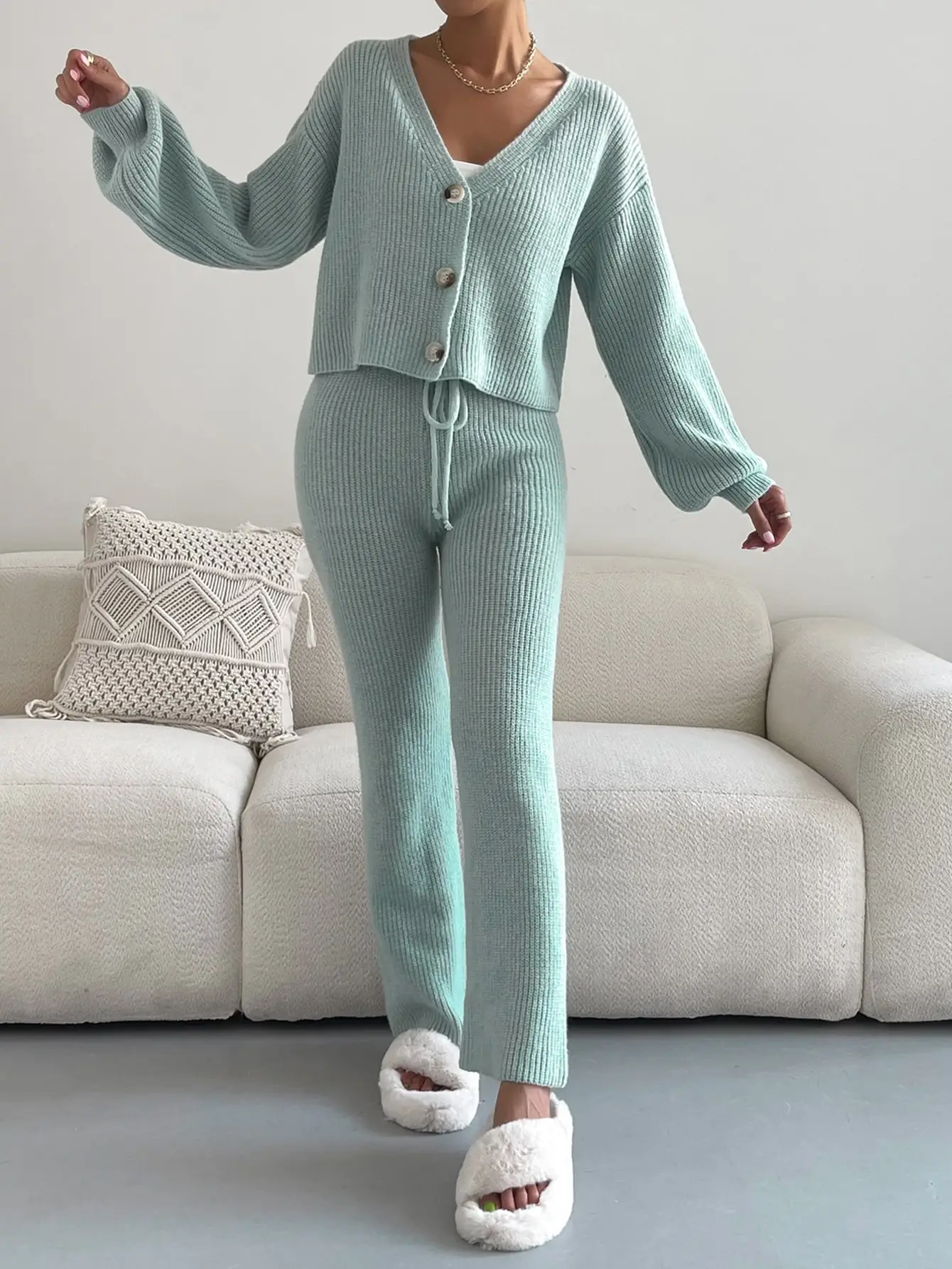 2023 V-neck Women\'s Cardigan Pant Two Piece Set Loose Long Sleeve Lace Up Pants Suit Female Nice Winter Ladies Elegant Sets