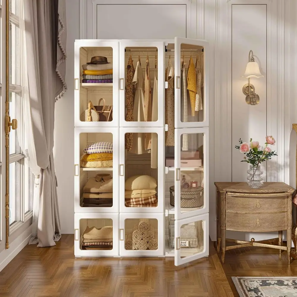 

Space-Saving Plastic Wardrobe Organizer with 8 Cubes, 2 Hanging Rods, and Clear Magnetic Door for Living Room or Bedroom