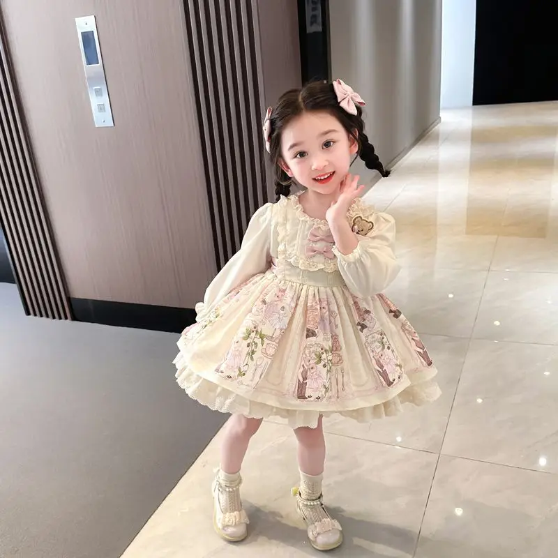 Autumn Cute Bear kids Vestido Spanish Girl Dress Baby Bow Princess Long sleeve  Lolita Dress For Girl Birthday outfit Lace