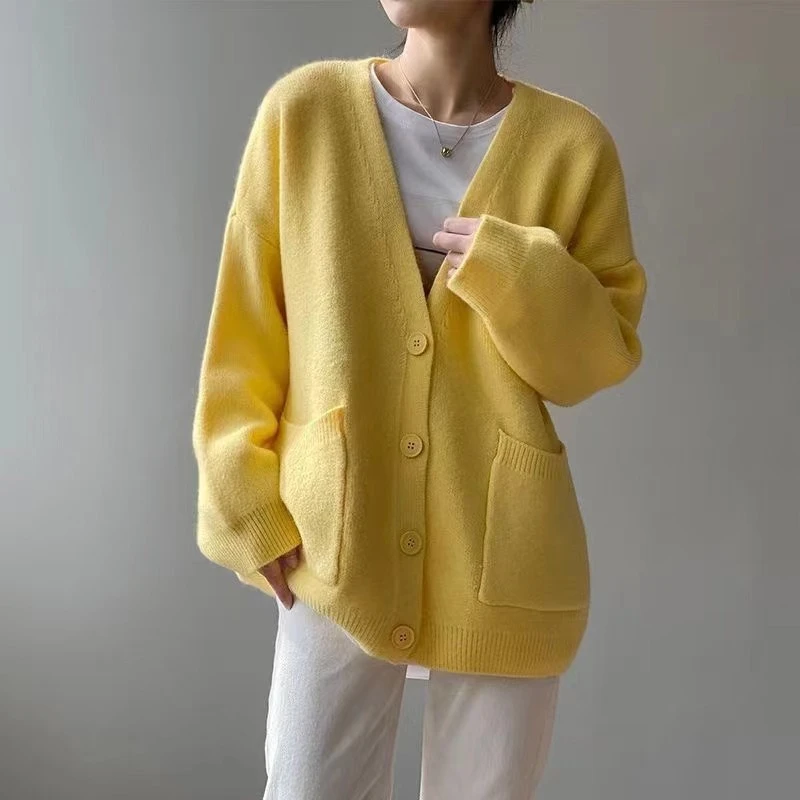 Women\'s Sweater Coat Autumn Korean Loose Solid Color Knitted Cardigan with Button V Neck Oversized Sweaters for Women